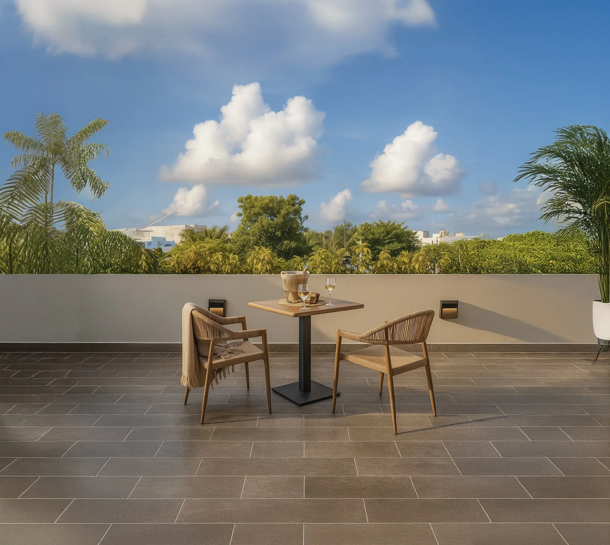 Terraza privada de Zelva44 con mesa para dos y vista al verde